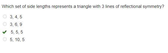 Which set of side lengths represents a triangle with 3 lines of reflectional symmetry-example-1