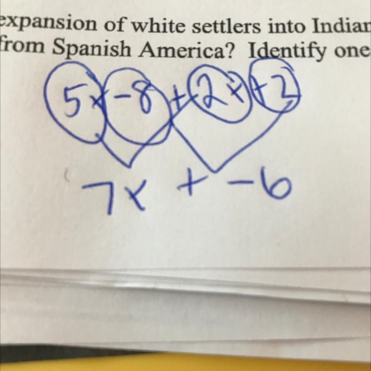 Find an expression which represents the sum of (5x-8) and (2x+2)-example-1