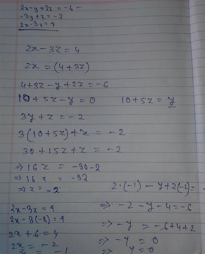 2x−y+2z=−6 −3y+z=−2 2x−3z=4-example-1