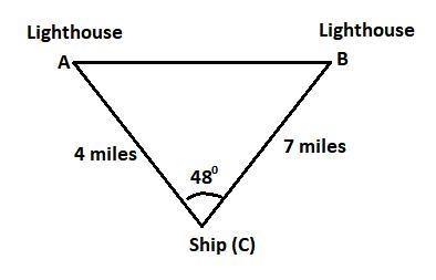 HELP PLEASE! The distances from a ship to two lighthouses on the shore are 4 miles-example-1