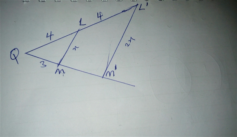 Point Q is the center of dilation. Line segment L M is dilated to created line segment-example-1