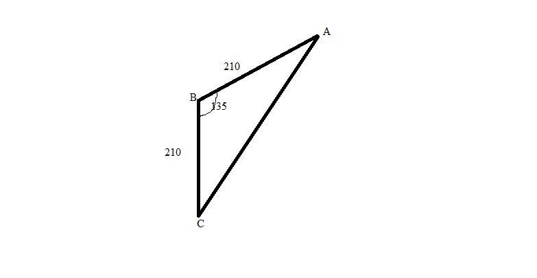 Starting from an airport, an airplane flies 210 miles southeast and then 210 miles-example-1