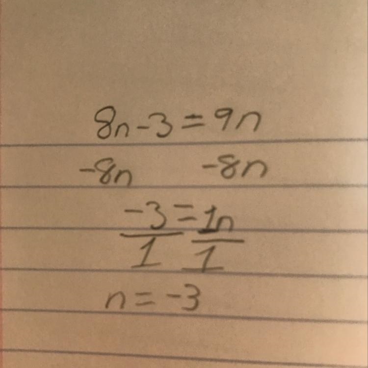 Solve for n. 8n-3=9n-example-1