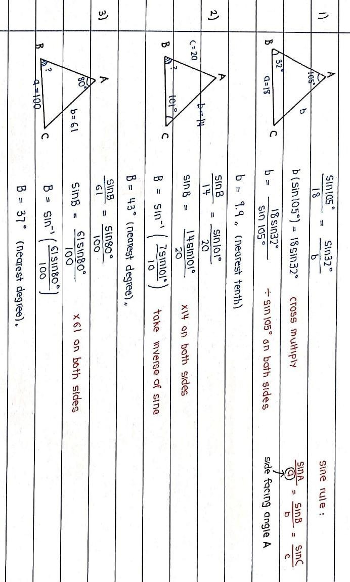 1. Given a = 18, A = 105 degrees, and B = 32 degrees, use the Law of Sines to solve-example-1