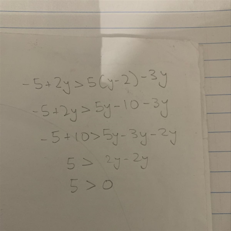 - 5 + 2y > 5 (y-2) - 3y-example-1