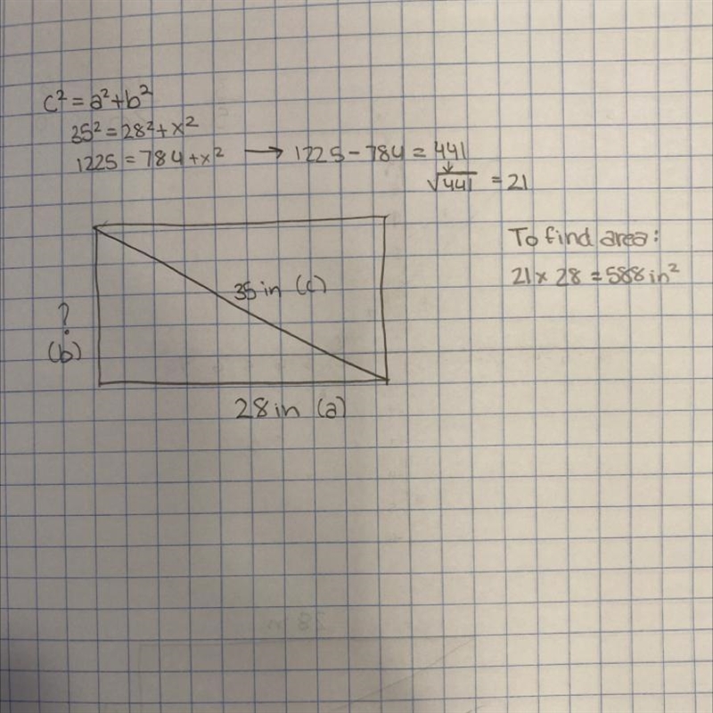 a rectangle has a length of 28 inches and a diagonal that measures 35 inches. what-example-1