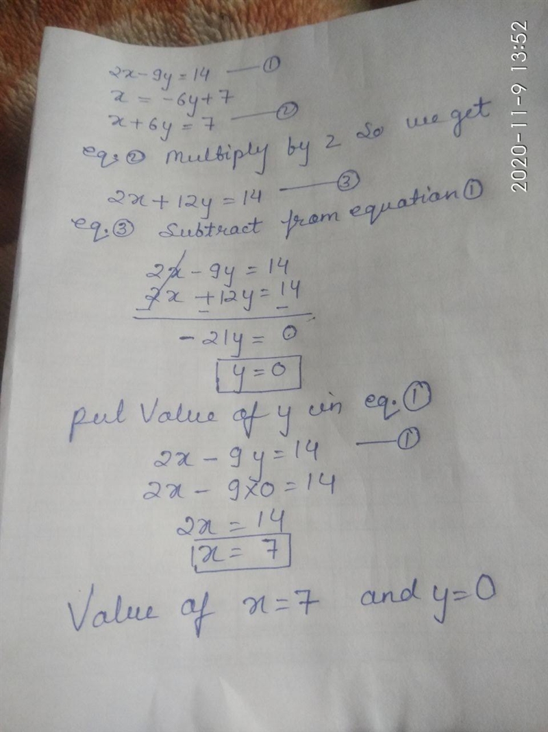 Solve the system of equations. 2x−9y=14 x=−6y+7 ​-example-1