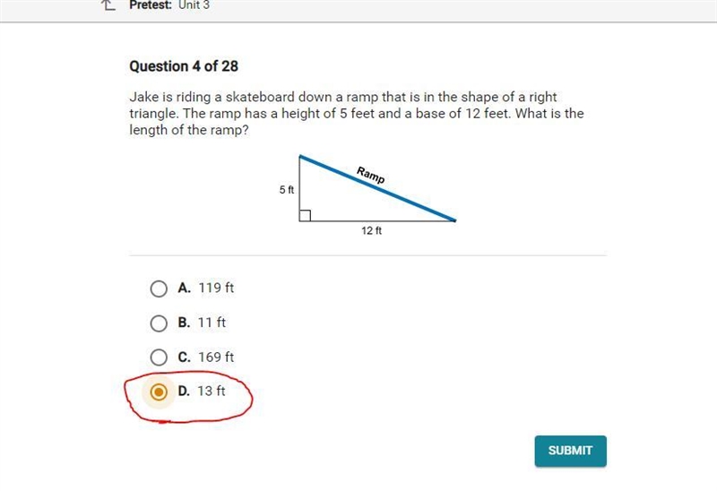 Jake is riding a skateboard down a ramp that is in the shape of a right triangle. The-example-1