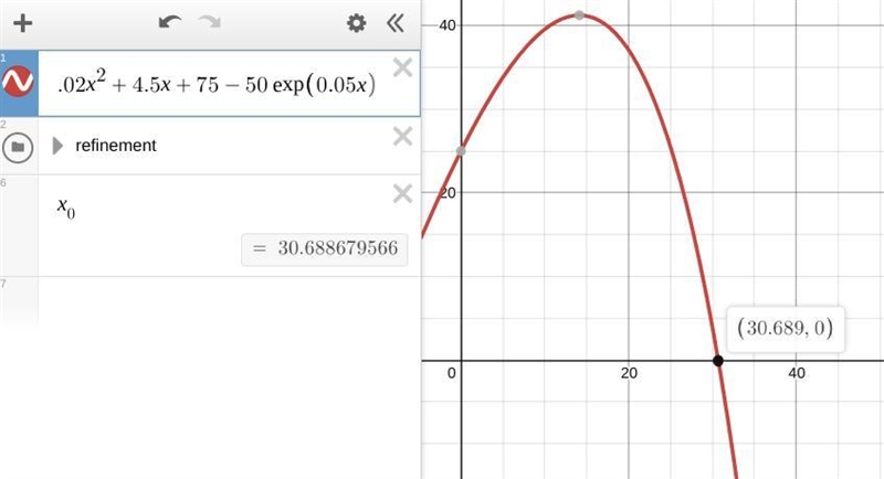 0.02t^2+4.5t+75=50e^(0.05t). solve algebrecly on [0,50]-example-1