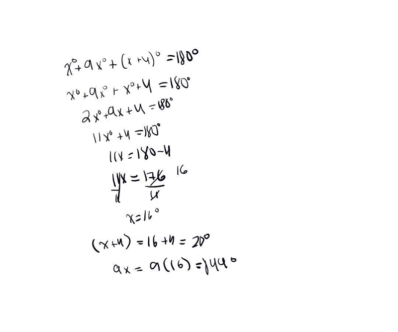 The angles are xº, 9X°, (x+4)​-example-1