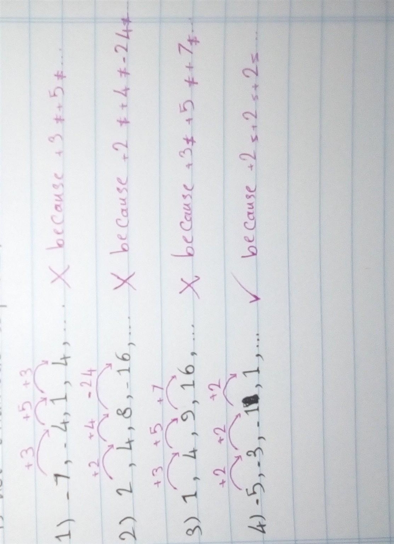 Which of the following sequences represents an arithmetic sequence? O-7,-4, 1, 4, ... 2, 4, 8, -16,... 1, 4, 9, 16, ... 0-5,-3,-1,1, ...-example-2