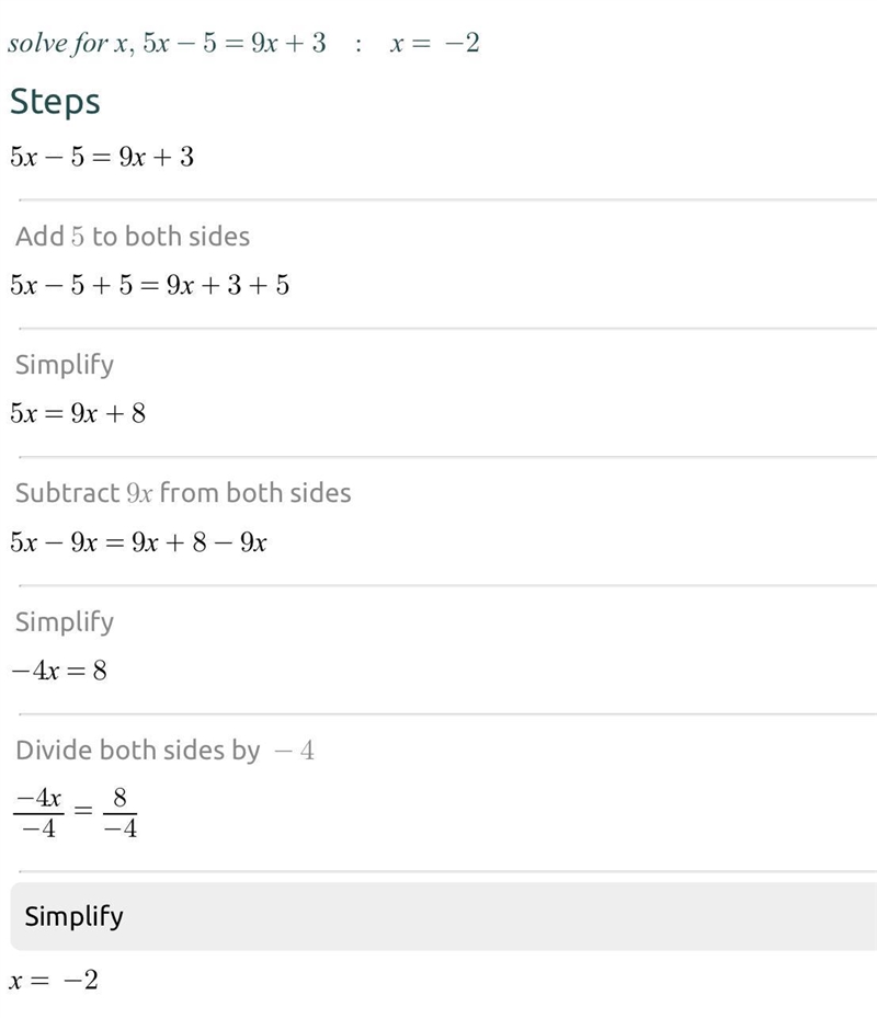 27 Solve for x. 5x – 5 = 9x + 3 X =-example-1