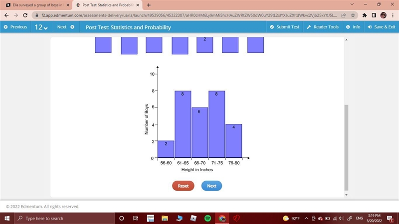 Ella surveyed a group of boys in her grade to find their heights in inches. The heights-example-1