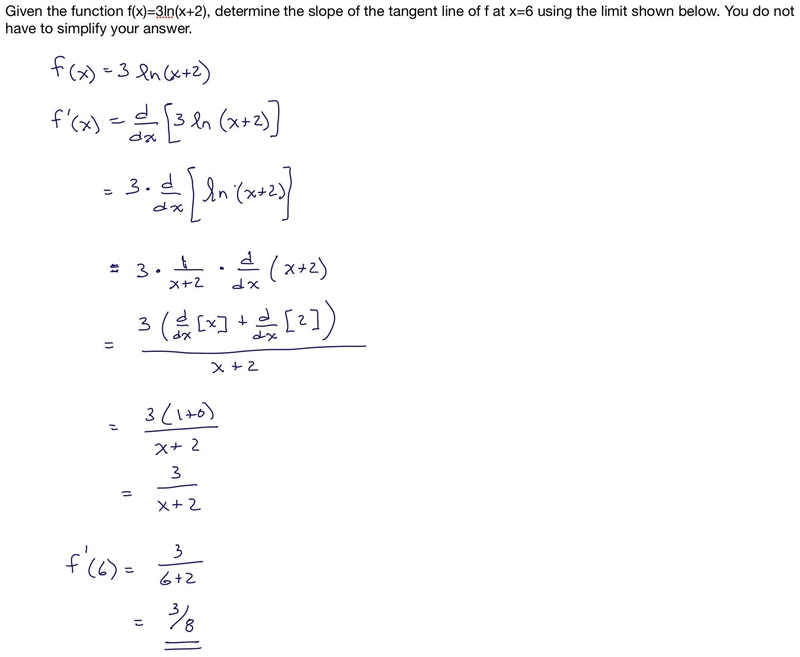 Given the function f(x)=3ln(x+2), determine the slope of the tangent line of f at-example-1