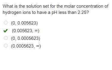 What is the solution set for the molar concentration of hydrogen ions to have a pH-example-1