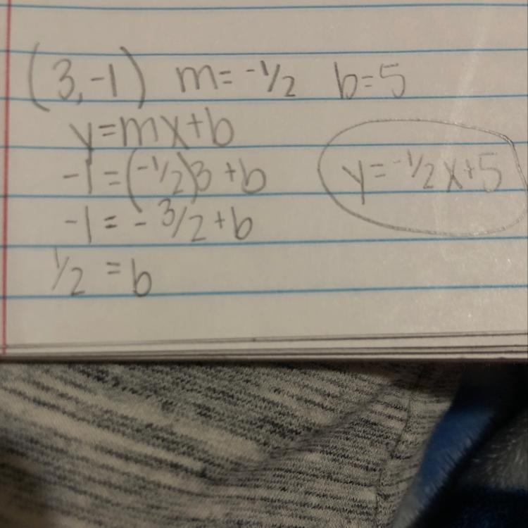 Passes through :(3, -1) Slope: -1/2 write in slope intercept form of a line​-example-1