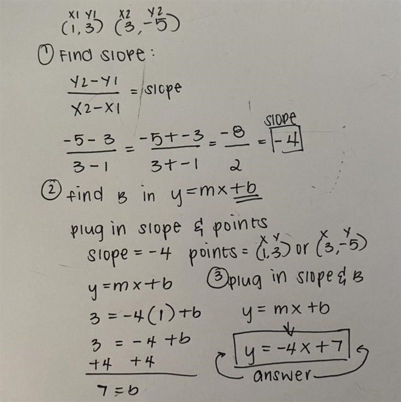 Write an equation of the line that passes through the points (1,3) and (3,-5)-example-1