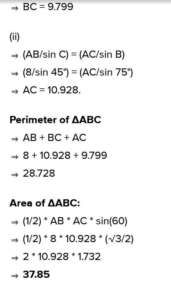 Given: △ABC, m∠A=60° m∠C=45°, AB = 9 Find: Perimeter of △ABC Area of △ABC ABC is scalene-example-2