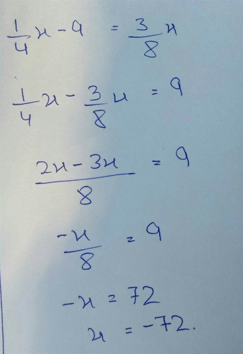 Solve the equation. 1/4x-9=3/8x Select the correct choice below and fill in any answer-example-1