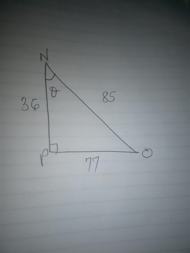 In ΔNOP, the measure of ∠P=90°, PO = 77, NP = 36, and ON = 85. What ratio represents-example-1