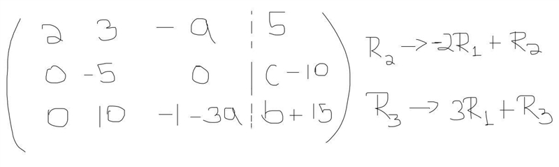 Consider the linear system 2x1 + 3x2 −ax3 = 5 4x1 + x2 −2ax3 = c −6x1 + x2 −x3 = b-example-2