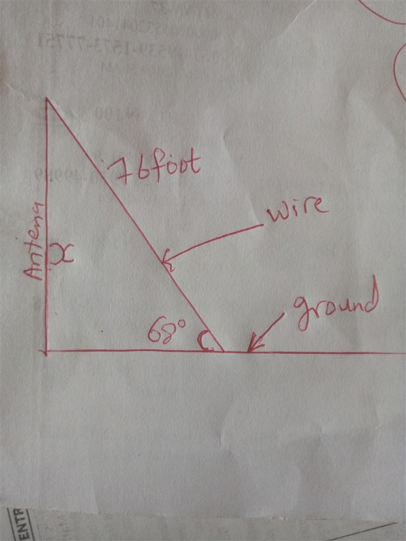 A 7676 foot guy wire is attached to the top of an antenna. The angle between the guy-example-1