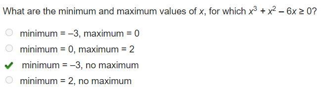 What are the minimum and maximum values of x, for which x3 + x2 – 6x ≥ 0? minimum-example-1