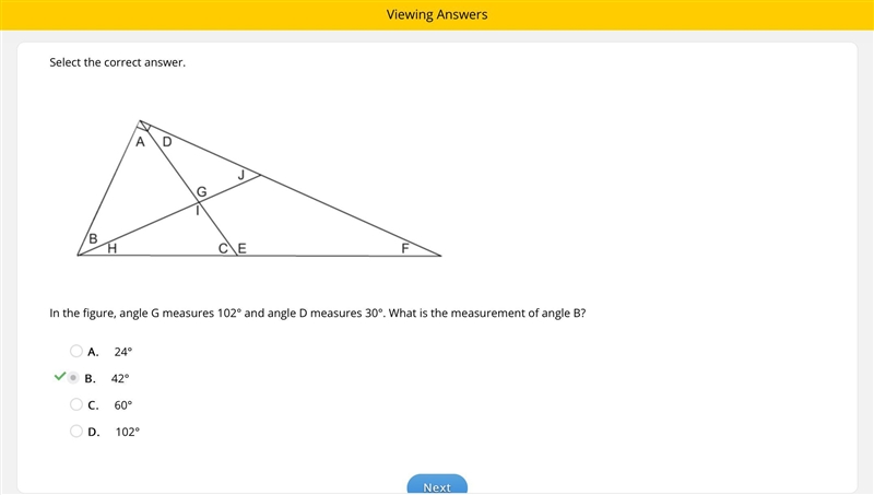 In the figure angle G measures 102° and angle B measures 30° what is the measurement-example-1