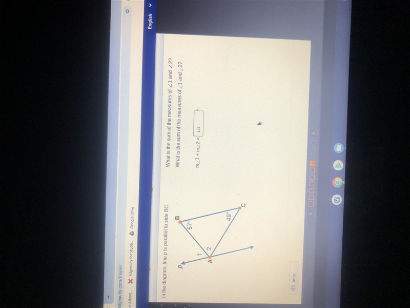 In the diagram line p is parallel to side BC. What is the sum of the measure of angle-example-1