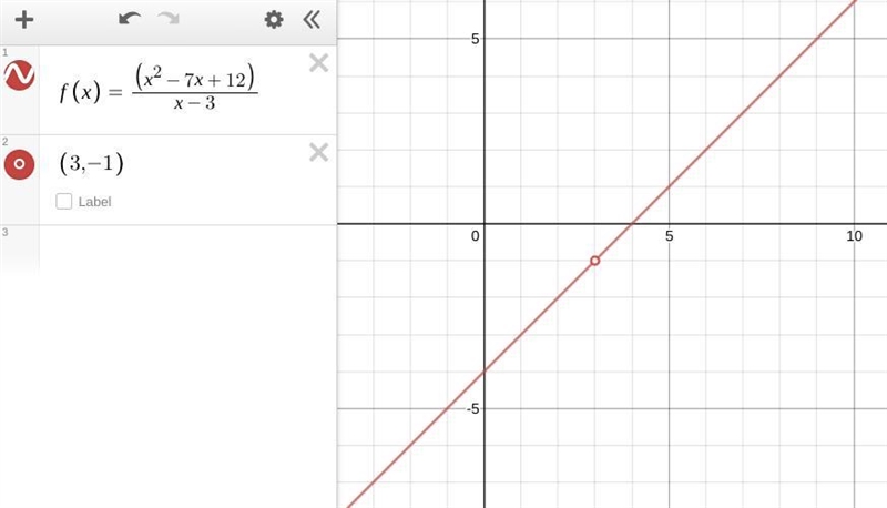 What is the graph function f(x)= x^2-7x+12/x-3-example-1