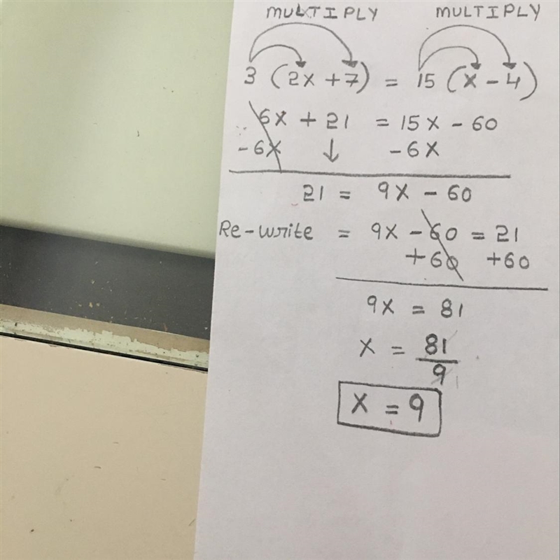 Solve for x. 3 (2x + 7) = 15 (x - 4)-example-1