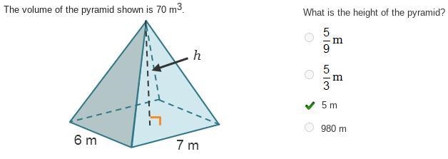 The volume of the pyramid shown is 70 m3. A rectangular pyramid with a base of 7 meters-example-1