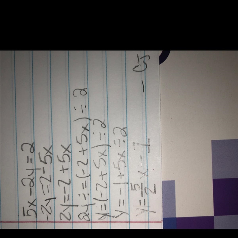 Write the slope-intercept form of the equation of the line. 5x - 2y = 2-example-1