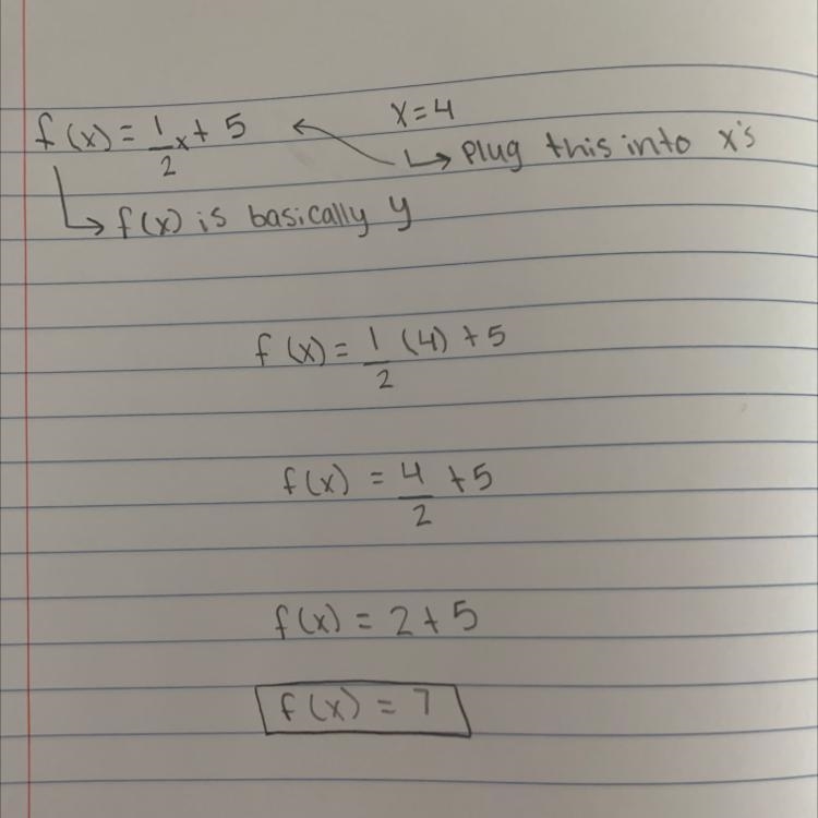 What is the value of f(x)=1/2x+5 when x=4-example-1