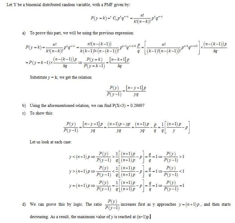 onsider the binomial distribution with n trials and P(S) = p. (a) Show that p(y) p-example-1