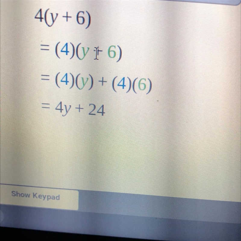 Wich of the following best describes the expression 4(y+6)-example-1