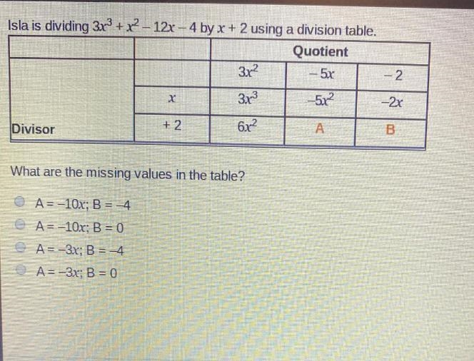 What are the missing values in the table? A = –10x; B = –4 A = –10x; B = 0 A = –3x-example-1