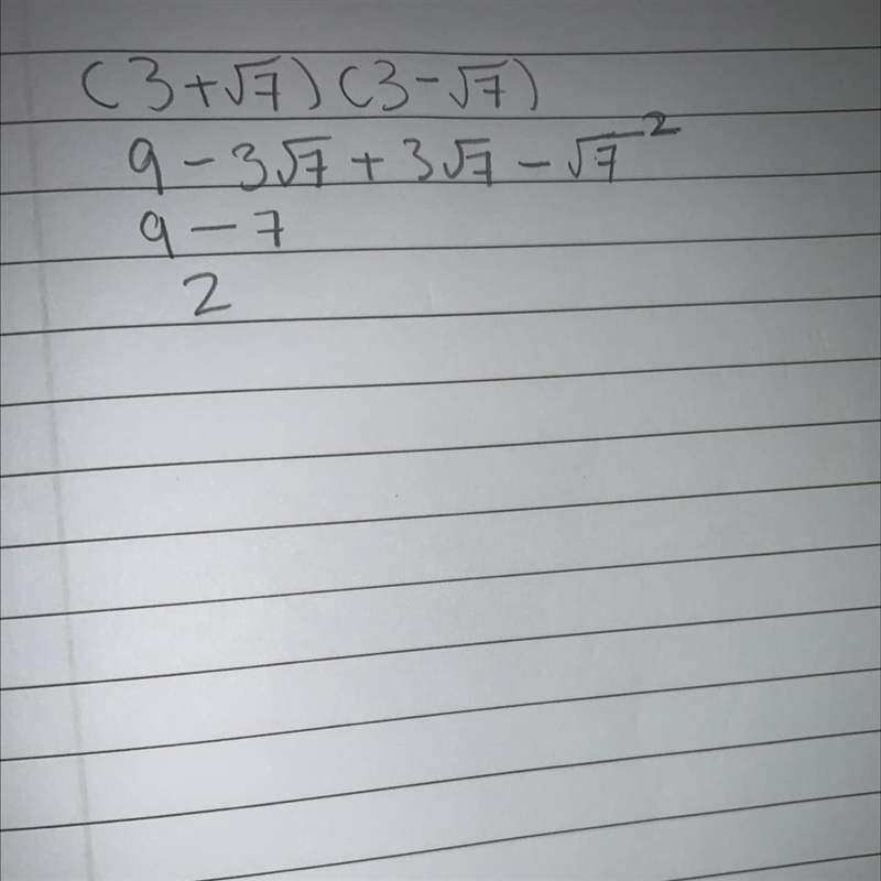 Simplify the product of (3+￼√7)(3-√7) that you found in the previous step.-example-1