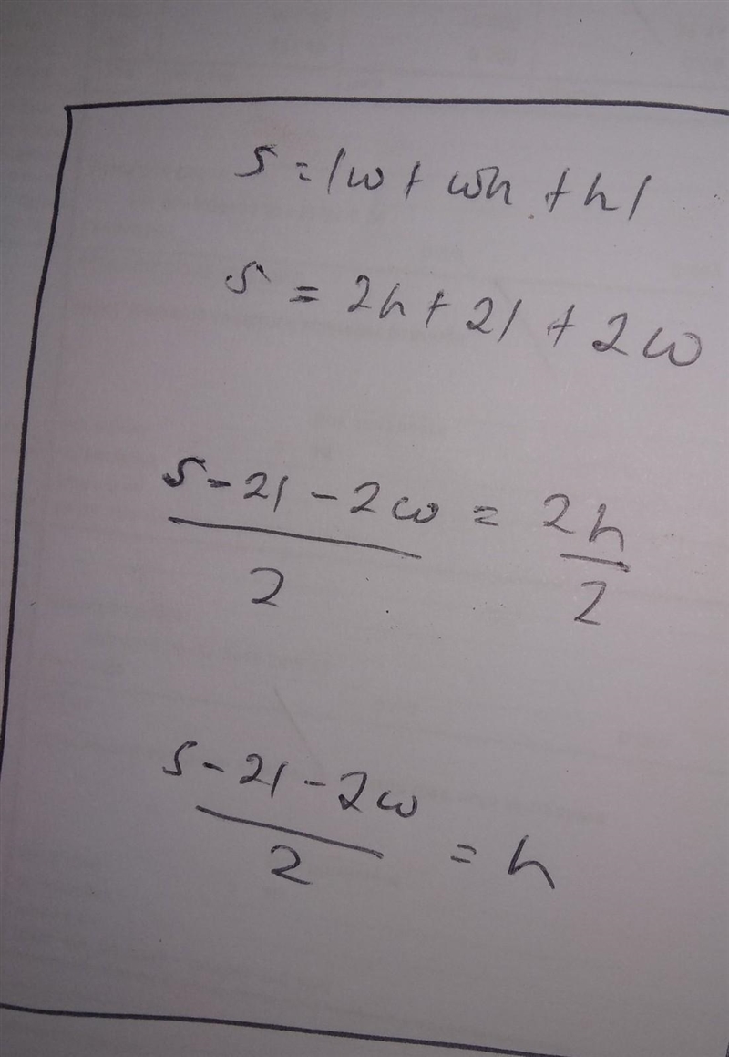 Solve the equation for h. S = l w + w h + h l-example-1