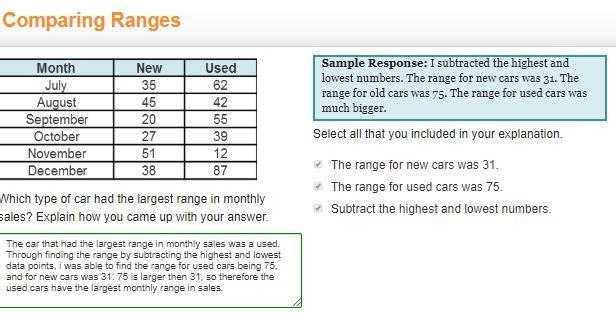 Which type of car had the largest range in monthly sales? Explain how you came up-example-1