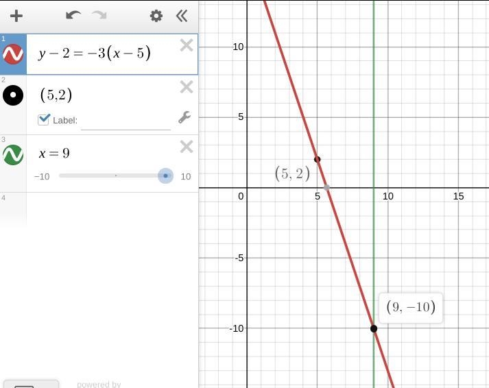 A line with slope -3 passes through the points (5,2) and (9,y). Find y. (and yes I-example-1