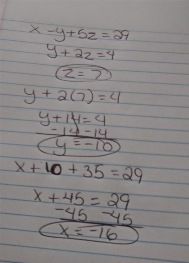 Use back-substitution to solve the system of linear equations.-example-1