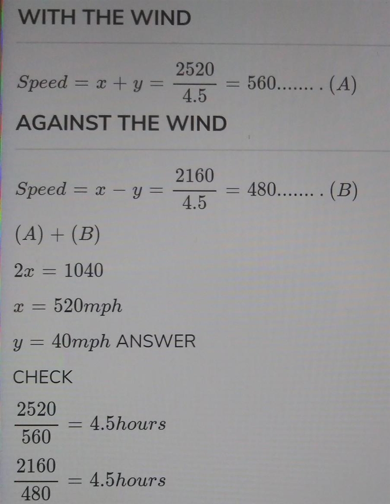 A Delta 727 traveled 2520 miles with the wind in 4 5 hours and 2160 miles against-example-1