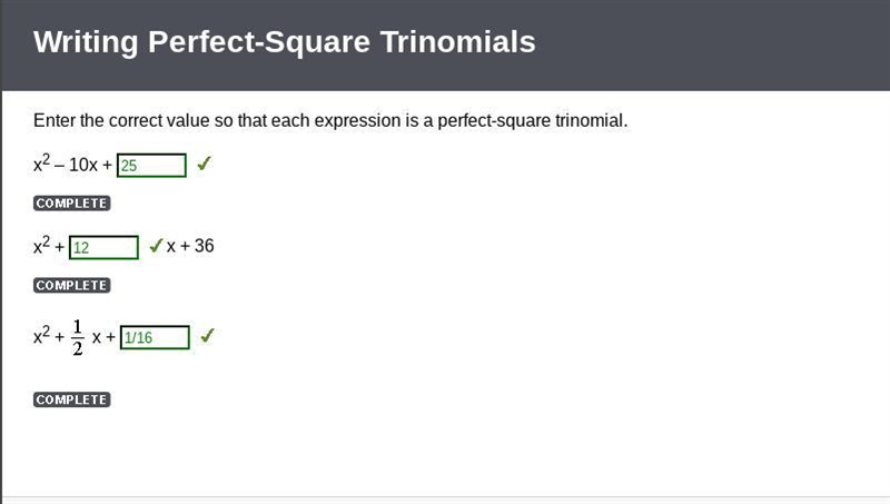 Enter the correct value so that each expression is a perfect square trinomial-example-1