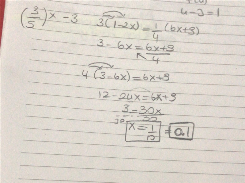 What does x equal is this equation 3(1−2x)=1/4(6x+9)-example-1