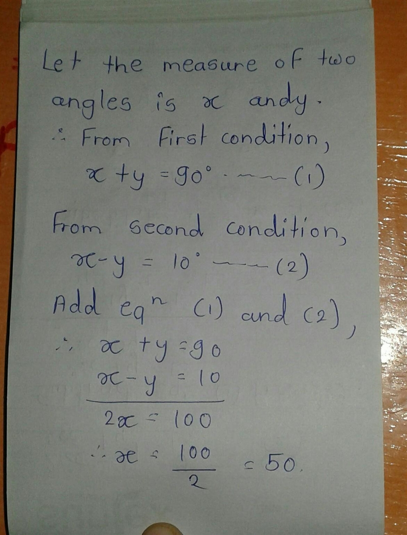 In the triangle,sum of two angles is 90° which is the measure of the third angle. Also-example-2