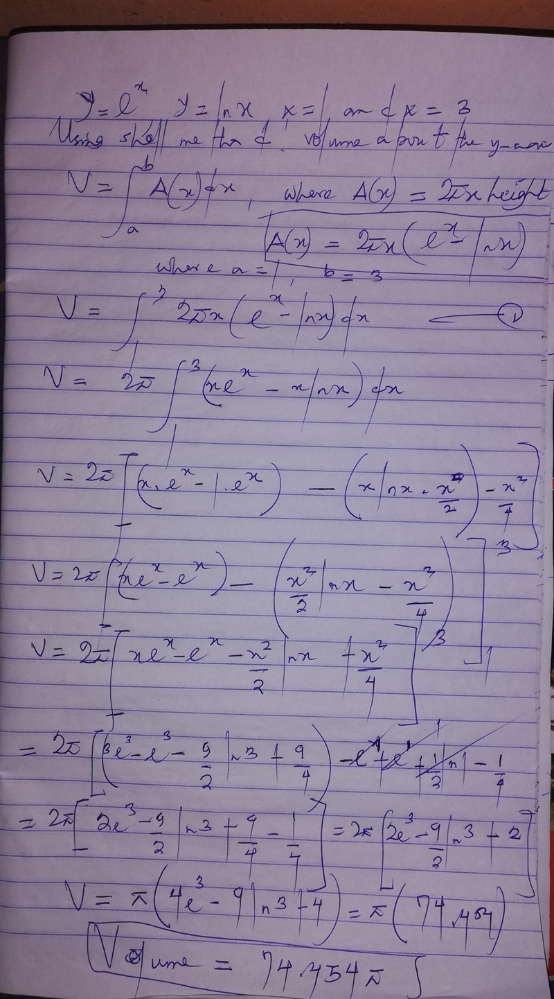 The volume of the solid obtained by rotating the region bounded by y=????x, y=lnx-example-1