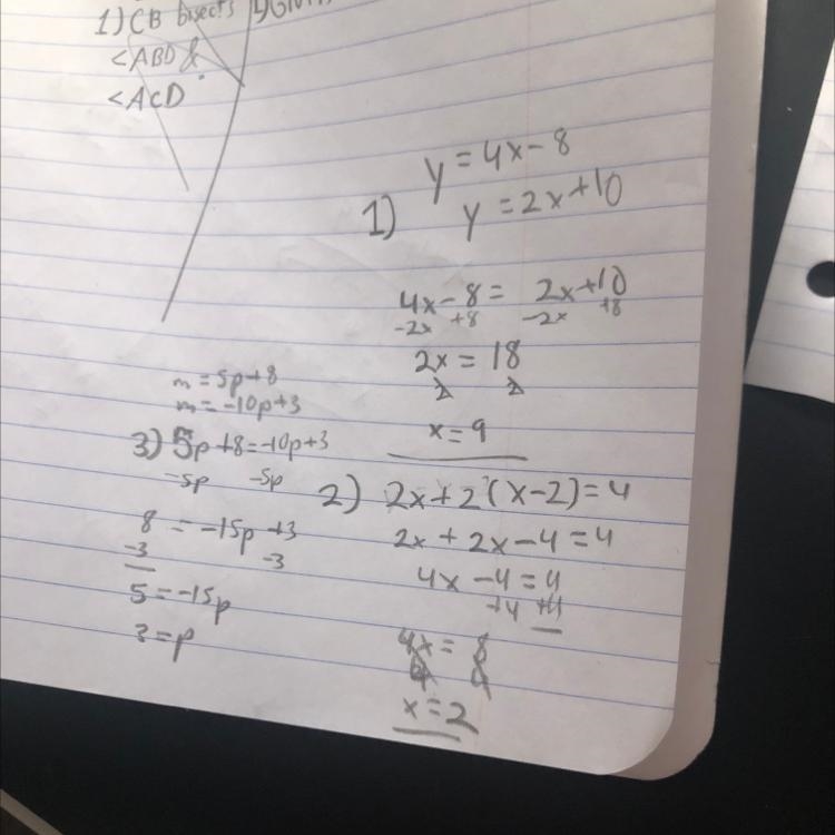 HELP NOW (solve by substitution lesson) 1. y=4x-8 y=2x+10 2. y=x-2 2x+2y=4 3. m=5p-example-1