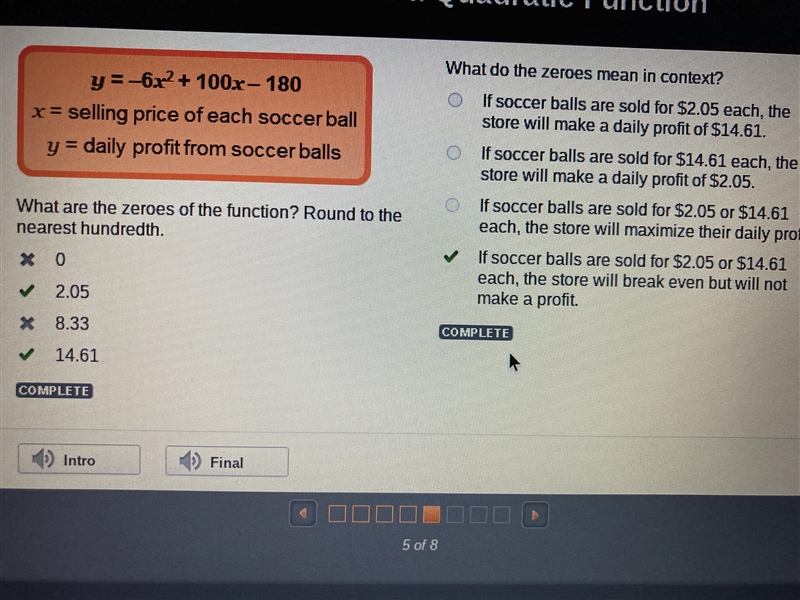 Find the zeros of the function f(x) = -1.6x2 + 18x – 47 to the nearest hundredth.-example-1