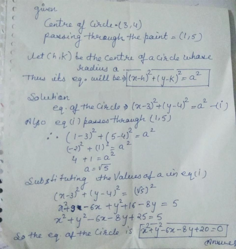 Find the equation of circle whose centre is at (3,4) and passing through (1,5)​-example-1